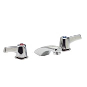 Delta Double Handle 0.5GPM Ceramic Disc Widespread Bathroom Faucet with Lever Blade Handles from the Commercial Series Chrome