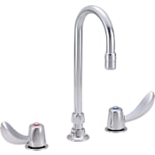 Delta Double Handle 0.5GPM Ceramic Disc Widespread Bathroom Faucet with Hooded Blade Handles and Gooseneck Spout from the Commercial Series Chrome