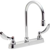 Delta Double Handle 1.5GPM Ceramic Disc Kitchen Faucet with Blade Handles Gooseneck Spout and Vandal Resistant Aerator from the Commercial Series Chrome