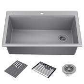 Delta Everest 33” Workstation Kitchen Sink Top Mount Drop-In Granite Composite Single Bowl with WorkFlow Ledge and Accessories Dark Grey