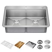 Delta Lorelai 33” Workstation Kitchen Sink Top Mount Drop-In 16 Gauge Stainless Steel 50/50 Double Basin Sink with WorkFlow Ledge and Accessories Stainless Steel
