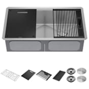 Delta Rivet 33” Workstation Kitchen Sink Undermount 16 Gauge Stainless Steel 50/50 Double Bowl with WorkFlow Ledge and Accessories Stainless Steel