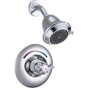 Delta Single Handle Shower Valve Trim with 1.75GPM Multi Function Shower Head and Metal Blade Handle from the Commercial Series Chrome