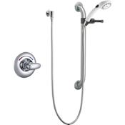 Delta Commercial Single Handle Hand Shower Valve Trim Only with Metal Lever Handle, 24" Combination Grab and Slide Bar, Hand Shower Holder, 69" Brass Double Spiral Hose, Quick Connect Hose Coupler, and Single Function 1.5 GPM Hand Shower Chrome