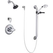 Delta Single Handle Shower Valve Trim with 1.5GPM Single Function Shower Head Personal Hand Shower 24" Grab / Slide Bar and Metal Lever Handles from the Commercial Series Chrome