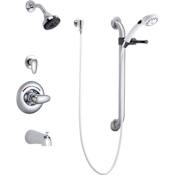 Delta Single Handle Tub and Shower Valve Trim with 1.5GPM Single Function Shower Head 24" Grab / Slide Bar and Metal Lever Handle from the Commercial Series Chrome