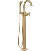 Delta Stryke Floor Mounted Tub Filler with Integrated Diverter, Hand Shower, Arc Spout, and Helo Style Handle - Less Rough In Lumicoat Champagne Bronze