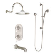 DXV Fitzgerald Thermostatic Shower System with Shower Head, Hand Shower, Slide Bar, Shower Arm, Hose, and Valve Trim - Shared Functions Brushed Nickel