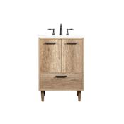 Elegant Lighting Baldwin 24" Free Standing Single Basin Vanity Set with Cabinet and Engineered Marble Vanity Top Natural Oak