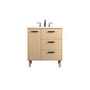 Elegant Lighting Baldwin 30" Free Standing Single Basin Vanity Set with Cabinet and Engineered Marble Vanity Top Maple