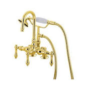 Elements Of Design Triple Handle Deck Mounted Clawfoot Tub Filler with 3-3/8" Center, Personal Hand Shower and Metal Lever Handles from the Hot Springs Collection Polished Brass (PVD)