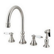 Elements Of Design New Orleans Double Handle Kitchen Faucet with Porcelain Lever Handles and Brass Sidespray Satin Nickel