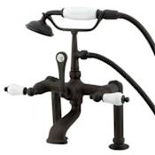 Elements Of Design Triple Handle Deck Mounted Clawfoot Tub Filler with 7" Center, 8" Spout Reach, Personal Hand Shower and Porcelain Lever Handles from the Hot Springs Collection Oil Rubbed Bronze