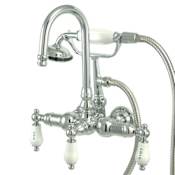 Elements Of Design Triple Handle Wall Mounted Clawfoot Tub Filler with 3-3/8" Center, Personal Hand Shower and Hot / Cold Porcelain Lever Handles from the Hot Springs Collection Chrome