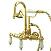 Elements Of Design Triple Handle Wall Mounted Clawfoot Tub Filler with 3-3/8" Center, Personal Hand Shower and Porcelain Lever Handles from the Hot Springs Collection Polished Brass (PVD)