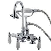 Elements Of Design Triple Handle Deck Mounted Clawfoot Tub Filler with 3-3/8" Center, Personal Hand Shower and Hot / Cold Porcelain Lever Handles from the Hot Springs Collection Chrome
