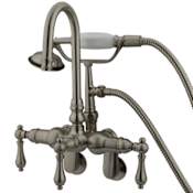 Elements Of Design Triple Handle Wall Mounted Clawfoot Tub Filler with 3-3/8" to 9" Adjustable Center, Personal Hand Shower and Metal Lever Handles from the Hot Springs Collection Satin Nickel