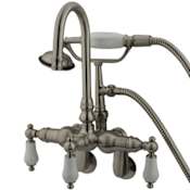 Elements Of Design Triple Handle Wall Mounted Clawfoot Tub Filler with 3-3/8" to 9" Adjustable Center, Personal Hand Shower and Hot / Cold Porcelain Lever Handles from the Hot Springs Collection Satin Nickel
