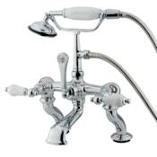 Elements Of Design Triple Handle Deck Mounted Clawfoot Tub Filler with 3-3/8" to 10" Center, Personal Hand Shower and Porcelain Lever Handles from the Hot Springs Collection Chrome