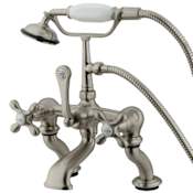 Elements Of Design Triple Handle Deck Mounted Clawfoot Tub Filler with 3-3/8" to 10" Center, Personal Hand Shower and Metal Cross Handles from the Vintage Collection Satin Nickel