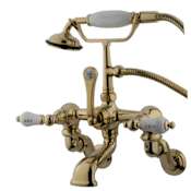 Elements Of Design Triple Handle Wall Mounted Clawfoot Tub Filler with 3-3/8" to 10" Adjustable Center, Personal Hand Shower and Hot / Cold Porcelain Lever Handles from the Hot Springs Collection Polished Brass (PVD)