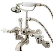 Elements Of Design Triple Handle Deck Mounted Clawfoot Tub Filler with 3-3/8" to 10" Adjustable Center, Personal Hand Shower and Hot / Cold Porcelain Lever Handles from the Hot Springs Collection Satin Nickel