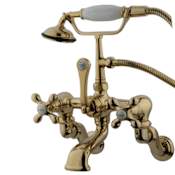 Elements Of Design Triple Handle Wall Mounted Clawfoot Tub Filler with Adjustable Center, Personal Hand Shower and Metal Cross Handles from the Hot Springs Collection Polished Brass (PVD)