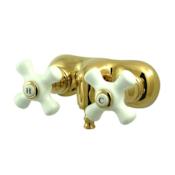 Elements Of Design Double Handle Wall Mounted Clawfoot Tub Filler with 3-3/8" Center, Non-Code Spout and Porcelain Cross Handles from the Hot Springs Collection Polished Brass (PVD)