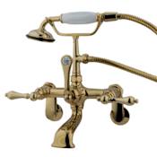Elements Of Design Triple Handle Wall Mounted Clawfoot Tub Filler with 3-3/8" to 11" Adjustable Center, Personal Hand Shower and Metal Lever Handles from the Hot Springs Collection Polished Brass (PVD)