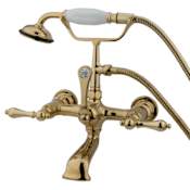 Elements Of Design Triple Handle Wall Mounted Clawfoot Tub Filler with 7" Center, Personal Hand Shower and Metal Lever Handles from the Hot Springs Collection Polished Brass (PVD)