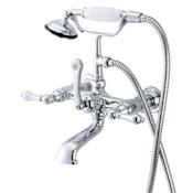 Elements Of Design Triple Handle Wall Mounted Clawfoot Tub Filler with 7" Center, Personal Hand Shower and Metal Lever Handles from the Hot Springs Collection Chrome
