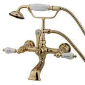 Elements Of Design Triple Handle Wall Mounted Clawfoot Tub Filler with 7" Center, Personal Hand Shower and Hot / Cold Porcelain Lever Handles from the Hot Springs Collection Polished Brass (PVD)