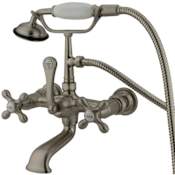 Elements Of Design Triple Handle Wall Mounted Clawfoot Tub Filler with 7" Center, Personal Hand Shower and Metal Cross Handles from the Hot Springs Collection Satin Nickel