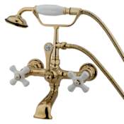 Elements Of Design Triple Handle Wall Mounted Clawfoot Tub Filler with 7" Center, Personal Hand Shower and Porcelain Cross Handles from the Hot Springs Collection Polished Brass (PVD)