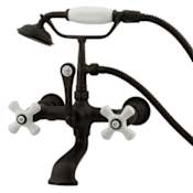Elements Of Design Triple Handle Wall Mounted Clawfoot Tub Filler with 7" Center, Personal Hand Shower and Porcelain Cross Handles from the Hot Springs Collection Oil Rubbed Bronze