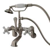 Elements Of Design Triple Handle Wall Mounted Clawfoot Tub Filler with Adjustable Center, Personal Hand Shower and Porcelain Cross Handles from the Hot Springs Collection Satin Nickel