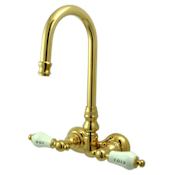 Elements Of Design Double Handle Wall Mounted Clawfoot Tub Filler with 3-3/8" Center, Hi-Rise Spout and Hot / Cold Porcelain Lever Handles from the Hot Springs Collection Polished Brass (PVD)