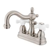 Elements Of Design Double Handle 4" Centerset Bathroom Faucet with Porcelain Cross Handles from the Heritage Collection Satin Nickel