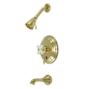 Elements Of Design Single Handle Tub and Shower Trim with Single Function Shower Head, Tub Spout and Porcelain Cross Handle from the Hot Springs Collection Polished Brass (PVD)
