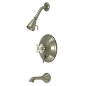 Elements Of Design Single Handle Tub and Shower Trim with Single Function Shower Head, Tub Spout and Porcelain Cross Handle from the Hot Springs Collection Satin Nickel