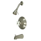 Elements Of Design Single Handle Tub and Shower Trim with Single Function Shower Head, Tub Spout and Porcelain Cross Handle from the Hot Springs Collection Satin Nickel