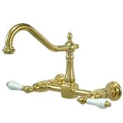 Elements Of Design New Orleans Double Handle 8" Center Wall Mounted Kitchen Faucet with Porcelain Lever Handles and 8-1/2" Spout Reach Polished Brass (PVD)