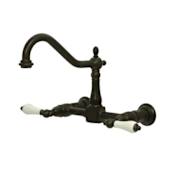 Elements Of Design New Orleans Double Handle 8" Center Wall Mounted Kitchen Faucet with Porcelain Lever Handles and 12" Spout Reach Oil Rubbed Bronze