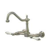 Elements Of Design New Orleans Double Handle 8" Center Wall Mounted Kitchen Faucet with Porcelain Lever Handles and 8-1/2" Spout Reach Satin Nickel
