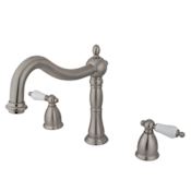 Elements Of Design Double Handle 8" to 14" Widespread Deck Mounted Roman Tub Filler with Porcelain Lever Handles from the Baltimore Collection Satin Nickel