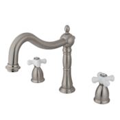 Elements Of Design Double Handle 8" to 14" Widespread Deck Mounted Roman Tub Filler with Porcelain Cross Handles from the Baltimore Collection Satin Nickel