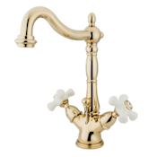 Elements Of Design Double Handle 4" Single Hole Bathroom Faucet with Porcelain Cross Handles and Brass Drain Assembly from the New Orleans Collection Polished Brass (PVD)