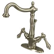 Elements Of Design Double Handle 4" Single Hole Bathroom Faucet with American Lever Handles and Brass Drain Assembly from the New Orleans Collection Satin Nickel