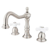Elements Of Design Double Handle 8" to 14" Widespread Bathroom Faucet with Porcelain Cross Handles and Drain Assembly from the Baltimore Collection Satin Nickel