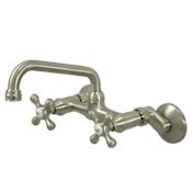 Elements Of Design Chautauqua Double Handle 6" to 8-1/2" Center Wall Mounted Kitchen Faucet with 7" Spout Reach and Metal Cross Handles Satin Nickel